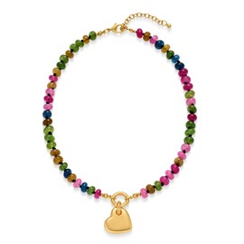 LILIE&WHITE Gold-Plated Heart Gemstone Necklace for Women – Adjustable Beaded Choker with Multicolour Natural Stones, Hypoallergenic, Tarnish-Resistant – Gift for Women