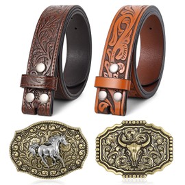 SANSTHS Western Belts for Men Women 2 Pack, Cowgirl Cowboy Belt Leather Straps with Buckle Set for Jeans, Brown Horse Bull