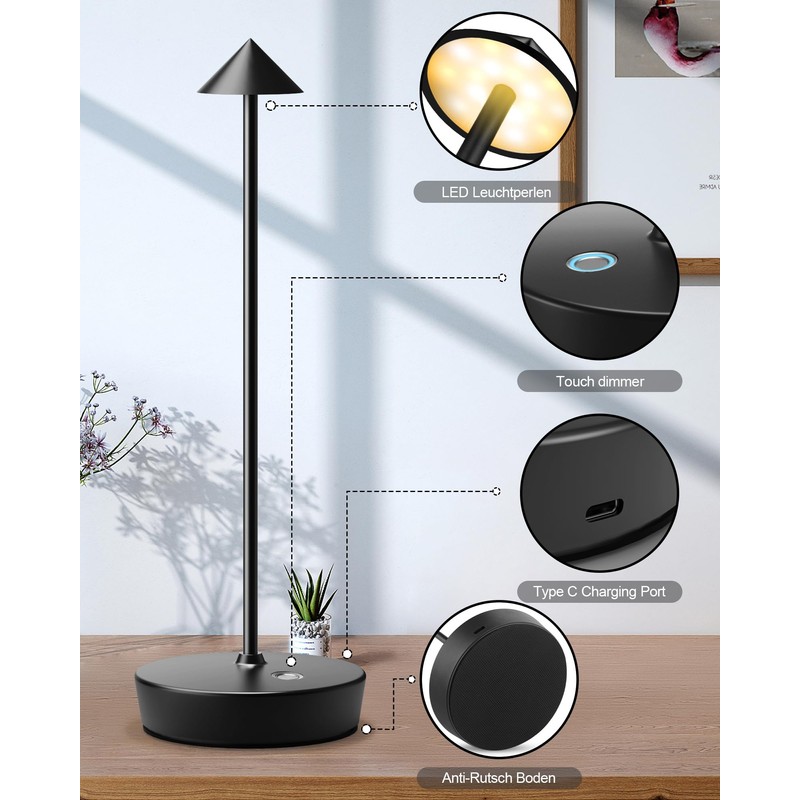 SHANGCAI Cordless Table Lamps Rechargeable, 6000mAh Battery Operated LED Desk