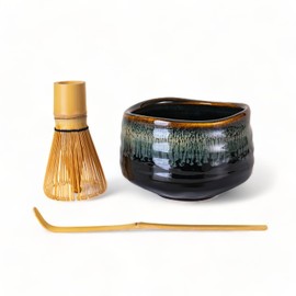 Matcha Bowl Whisk and Scoop Set 21oz Porcelain Matcha Bowl With Bamboo Whisk and Scoop 3 Pieces Japanese Tea Ceremony Kit Set (Black Brown)