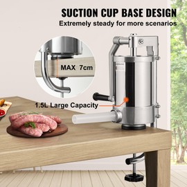 Happybuy 2.5LBS/1.5L Capacity Sausage Stuffer, 304 Stainless Steel Vertical Filling Machine with 3 Tubes, Suction Base & Manual Crank for Home or Commercial Use