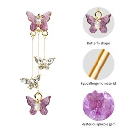 Amethyst Drop Butterfly Earrings, Hypoallergenic Purple Dangle Earrings, Birthstone Earrings for Women, Healing Crystal Threader Earrings for Teen Girls Birthday Party Valentine's Day Gift（1 Pair）