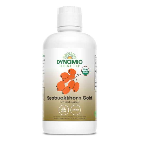 Dynamic Health Seabuckthorn Gold, USDA Certified Organic Sea Buckthorn, Omegas 3, 6, 9, No Additives, Antioxidant Support, Vegan, Gluten-Free, Non GMO, BPA-Free, 32 Fl oz