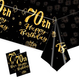 SINGOMON 2 Packs 70th Birthday Table Cloth Black Gold Birthday Tablecloths Disposable Tablecloths Happy 70 Birthday Table Covers Cheer to 70 Year Party Supplies for Men Women