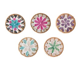 ROSSRORE Handwoven Natural Coasters Set - Boho Seashell & Rattan Heat Resistant Table Pad, Decorative Drink Mats for Home Bar Kitchen Trivets Set 5