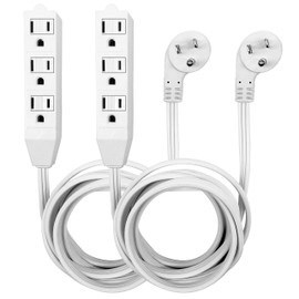8 Foot Flat Plug Extension Cord, 3 Prong Grounded Wire, Angled Plug, White, UL Listed 2PK