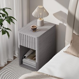 Fluted Narrow Night Stand ,Thin Nightstand with Leather Surface, Small End Table with Storage, Living Room/Bed Side Table for Small Spaces (Light grey, Inches, 19.7, Inches, 15.75, Inches, 11.8)