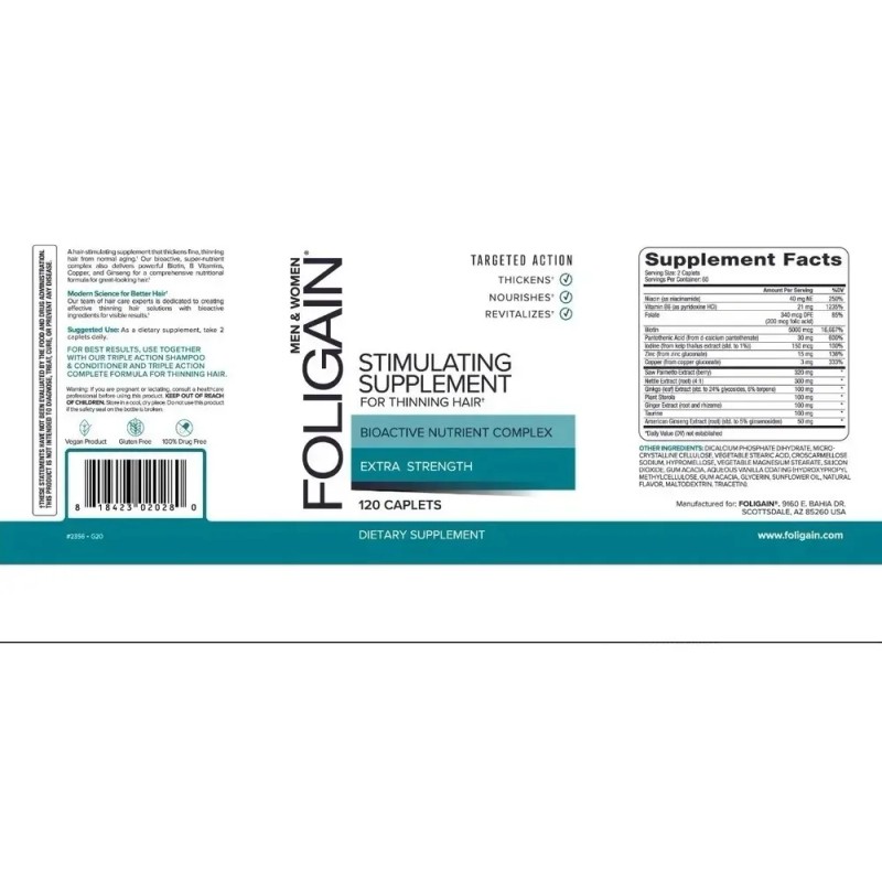 Foligain Suplemento Anticaída con Biotina y Vitaminas, DHT Bloqueador, 120