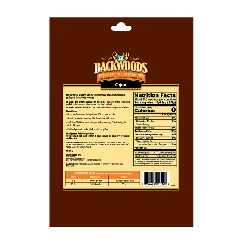 LEM Products Backwoods Cajun Fresh Sausage Seasoning, Ideal for Wild