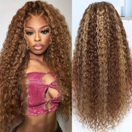 Jumida 20 Inch Honey Blonde Ombre Highlight 13x6 Full Lace Frontal Wigs Human Hair 200 Density Water Wave 13x6 HD Transparent Lace Front Wigs Pre Plucked #4/27 Colored Human Hair Wig for Women