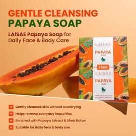 LAISAE Papaya Exfoliating Soap, Hydrating Face Moisturizer with Niacinamide, Shea Butter and Aloe Vera, Even Skin Tone Body Cleansing Bar - Sensitive Skin Soap, Vegan, 3.52 oz (2 Bars)