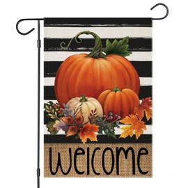 EKOREST Welcome Fall Garden Flags 12x18 Inch Double Sided, Black Stripes with Pumpkins Small Seasonal Decor for Thanksgiving Harvest Autumn Yard Outside