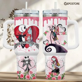 GEPOSTORE Valentines Day Gifts for Him Her, Jack Skeleton 40 Oz Tumbler with Handle, Horror Valentines Cup, Nightmare Before Characters Mug, Gifts for Movie Lovers