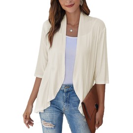 Bluetime Women Casual Lightweight Open Front Cardigans Soft Draped Ruffles 3/4 Sleeve Cardigan (XXL, New-Beige)