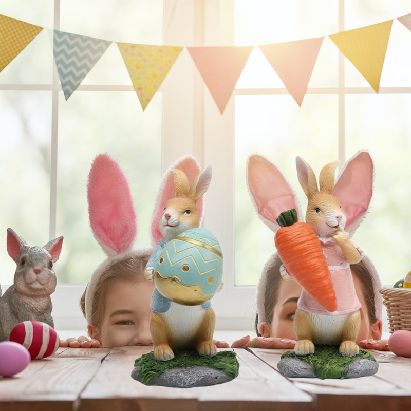 Easter Bunny Figurines with Carrot Cute Resin Bunny Rabbit Statue