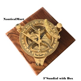 4" Sundial Compass Solid Brass Sun Dial (3" w/Wooden Box)