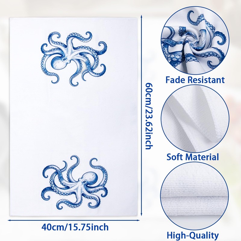 2Pcs Coastal Octopus Kitchen Towels Blue and White Octopus Hand