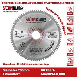TCT19080TTCG Saxton TCT Circular Saw Blade 190mm x 80T x 30mm Bore (16, 20 and 25.4mm ring) Aluminium Laminate Hardwood