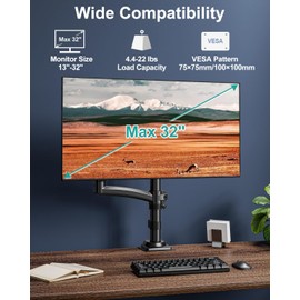 Single Monitor Mount Arm, VESA Desk Mount Stand for 13-32 inch Computer Screen up to 22 lbs, Adjustable Height Tall Monitor Arm with Tilt Swivel Rotation, VESA 75 100mm, Black, Freelift