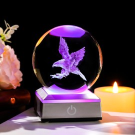 3D Laser-Engraved Eagle Crystal Ball Figurine Gifts with Colorful LED Base - 3.15" Eagles Statue Gifts for Men Women Glass Bald Eagle Gifts Decor for Mothers Day Birthday Christmas Office Desk Lamp
