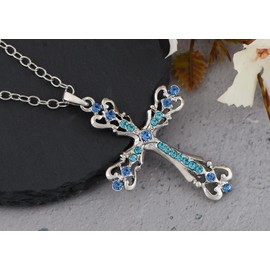 Alilang Womens Silver Tone Clear Crystal Rhinestones Celtic Cross Pendant Necklace, Light Blue