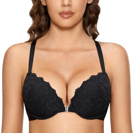 DOBREVA Women's Push Up Bra Racerback Front Closure Bras Lace Padded Underwire Plunge Floral Black 36B