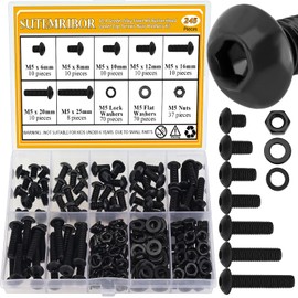 245 Pieces M5 Screws Nuts Washers Set Black, Sutemribor M5 x 6/8/10/12/16/20/25mm Button Head Socket Cap Screws Nuts Washers Assortment Kit, 10.9 Grade Alloy Steel, Fully Threaded
