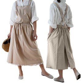 Cotton Pleated Apron Retro Waterdrop Proof Garden Cleaning Pinafore Dress (Wheat, 103cmx86cm)