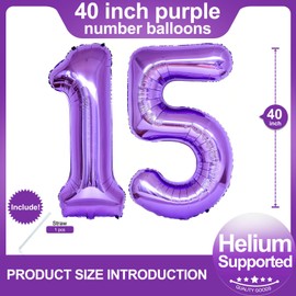Number 15 Purple Balloons 40 Inch Giant Purple 15 Number Foil Helium Balloons for 15th Purple Birthday Party Supplies 51st Anniversary Events Decorations