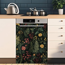 Xuhal 23" W x 26" H Dishwasher Magnet Cover, Vintage Wildflowers Dark Botanical Kitchen Dishwasher Cover Magnetic Sticker Fern Kitchen Fridge Refrigerator Panel Decal Decor