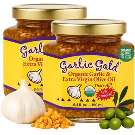 Garlic Gold Toasted Granules in Extra Virgin Olive Oil, USDA Organic Certified Minced Garlic, Sodium Free, Non GMO & Vegan, Keto & Paleo Friendly (6.4 Oz, 2 Pack)