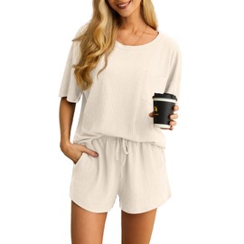 VINTATRE Pajamas Set for Women Waffle Knit Lounge Set 2 Piece Outfits Loungewear Sweatsuit with Pockets Oatmeal L