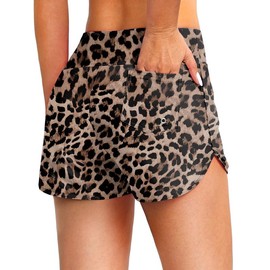 Blouty Women's Swim Board Shorts with Pockets High Waisted Tummy Control Swimsuit Bathing Swimming Shorts for Women with Liner (Leopard, Medium)
