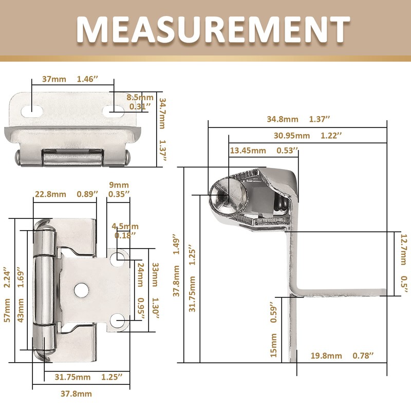 knobelite 25 Pairs-50 Pack 1/2" Overlay Semi-Wrap Cabinet Hinges,Self Closing