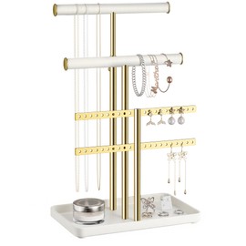 pickpiff Jewelry Holder Organizer with Velvet, Adjustable 10"-17" Tall, Metal Stand for Display Bracelet, Necklace, Earrings, Rings, White and Gold