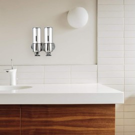 SUNGOOYUE Dispensador de champú Líquido Montado en la Pared para Hotel, Ducha de Baño, Instalación de Perforación ABS Plateada, Tres Tazas (Copa Doble de Plata 6030)