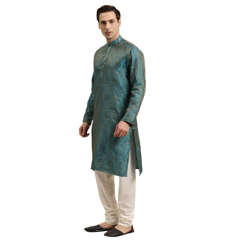 Sojanya (Since 1958, Jacquard Silk Kurta para hombre, Azul verde