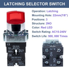 DMWD 2pcs 22mm Latching Selector Switch 110V with Red Light 10A for 0.87" Mounting Hole Rotary Selector Switch 3 Positions 2NO Maintained