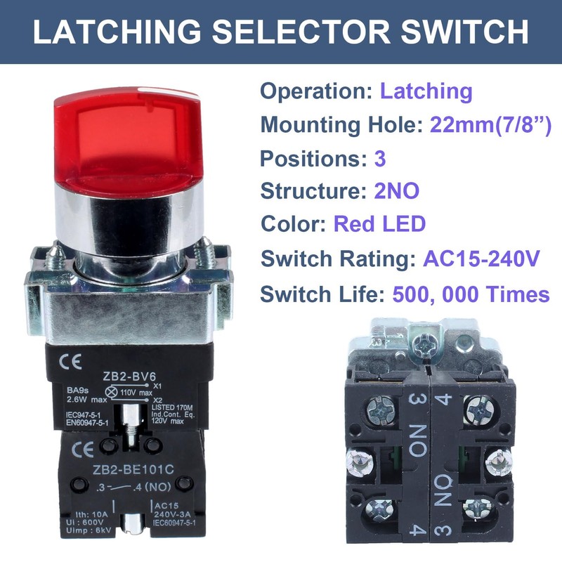 DMWD 2pcs 22mm Latching Selector Switch 110V with Red Light