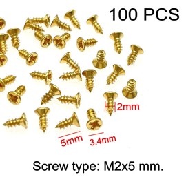 JZK 100pcs M2x5mm Brass Golden Plated Cross Flat Head Self Tapping Screws, Gold mini Phillips screws, small screw for dollhouse, tiny brass wood screws for jewelry box hinges