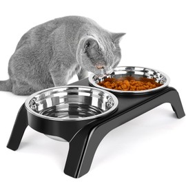 Befoco Elevated Cat Bowls - Anti-Vomiting Raised Food Bowl Set With 2 Stainless Steel Bowls, Prevents Neck Pain, ABS Anti-Slip Stand for Indoor Cats & Puppies (Black)