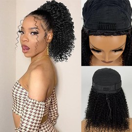 Kinky Curly Half Wig Human Hair 200% Density 3 In 1 Seamless Flip Over Half Wigs Human Hair Glueless Wear and Go Beginner Friendly Kinky Curly Wig Human Hair Drawstring Headband Wig for Women 22 Inch