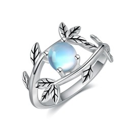 MONGAS Leaf Ring Sterling Silver Moonstone Leaf Ring Adjustable Branch Ring Leaf Jewelry for Women