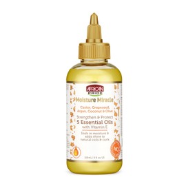 African Pride Moisture Miracle 5 aceites esenciales – Contiene ricino, semilla de uva, argán, coco y aceite de oliva, sella la humedad y añade brillo al cabello, vitamina E, 4 onzas