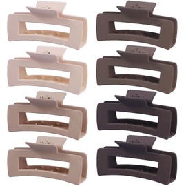 Mandydov 8 Pcs Large Hair Claw Clips 4.1 Inch Non-slip Big Square Matte Hair Claws for Women, Strong Hold Banana Clip for Thick Thin Hair(White/Brown)