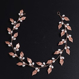 Teyglen Leaf Pearls Long Headband Hair Vine Handmade Bridal Leaves Headband Wedding Hair Accessories for Brides Hair Pieces Rose Gold Flower Girl Headpieces for Women (40cm Rose gold)