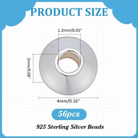 CRAFTYMELODY 56Pcs 925 Sterling Silver Beads Small Saucer Beads Rondelle Loose Bead with 1Pc Square Silver Polishing Cloth 4x2mm Spacer Bead for Bracelets Necklace Jewelry Making DIY Crafts