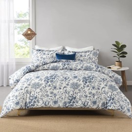 DDUOXIN Queen Comforter Set - Long Staple Cotton Vintage Floral Queen Comforter, Blue/Grayish Blue Soft 3-Pieces Bedding Comforter Sets, 2 Pillow Shams