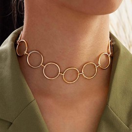 TseenYi Geometric Circle Choker Statement Necklace Gold Open Circle Choker Necklace Metal Circle Link Clavicle Necklace Hollow Round Rings Connect Chain Necklace Open Round Rings Necklace
