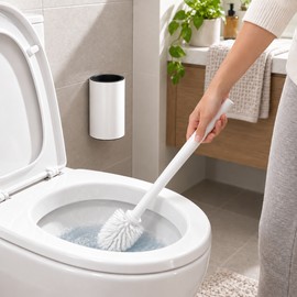Wall Mounted Toilet Brush and Holder, No-Drill Adhesive Bathroom Cleaning Brush with Aluminum Holder, Space-Saving Design